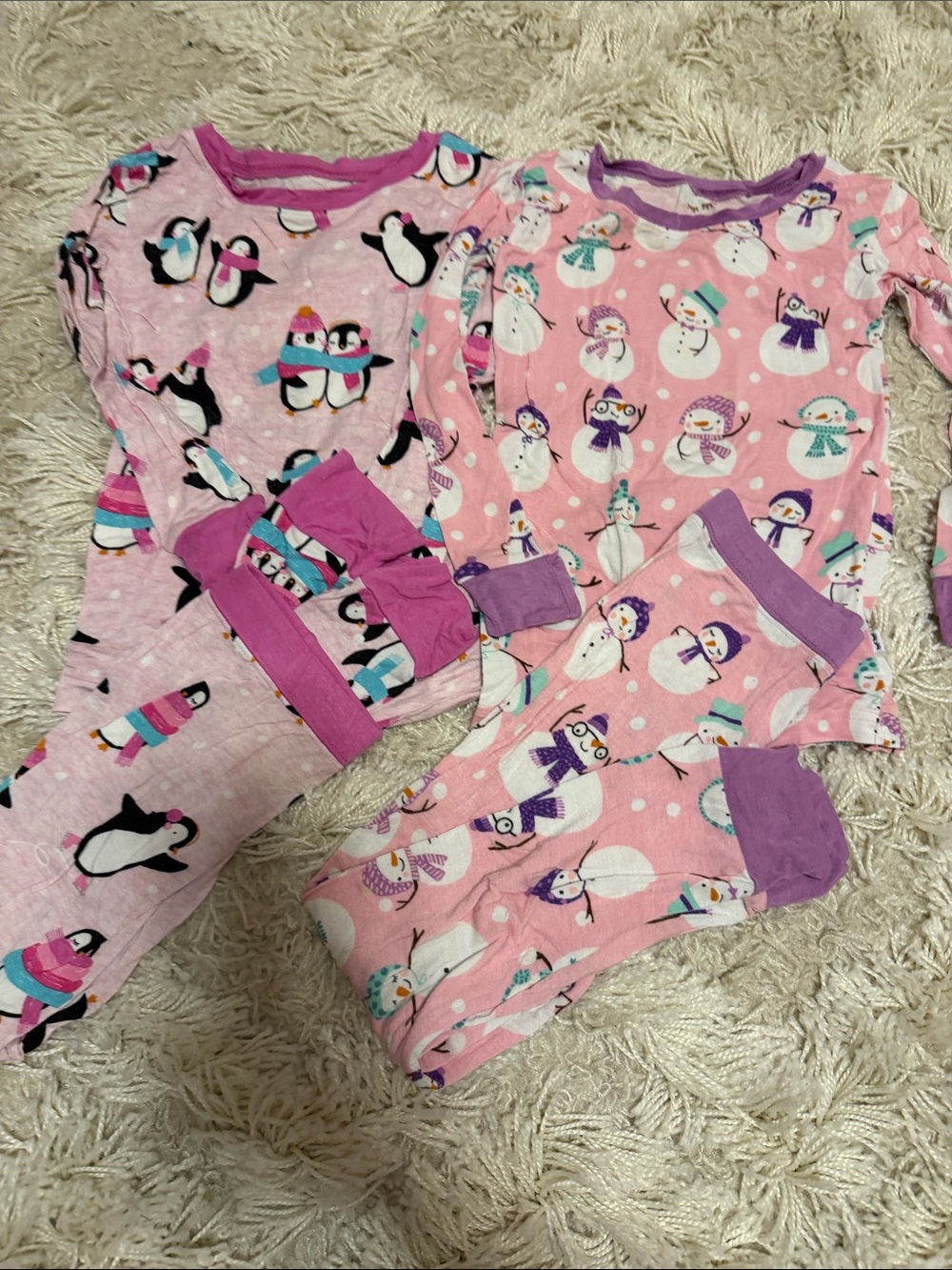 Little Sleepies Pink Snowman & Penguin Pajama Set with Purple Trim
